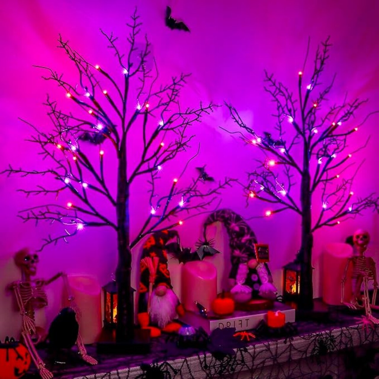Halloween Black Tree with 24 Orange Purple Lights, Timer/USB/Battery Operated Tabletop Lighted Halloween Spooky Tree for Halloween Table Decor Home Indoor